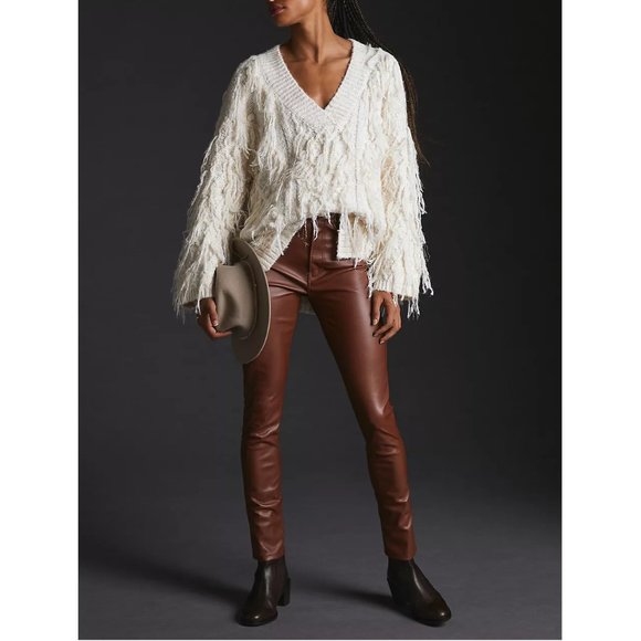 By Anthropologie Fringed Pullover Sweater Ivory White w/ Shimmer - Medium. - Picture 16 of 16